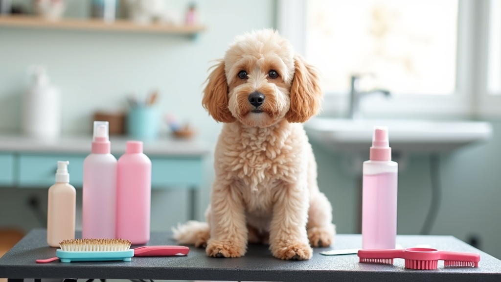 A curly-haired dog sitting on a grooming table, surrounded by grooming tools and brushes